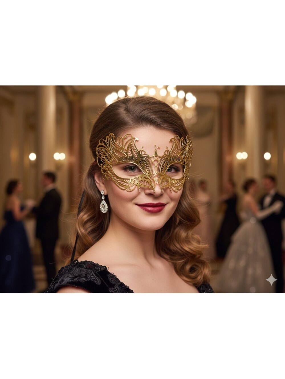 Laser-cut gold metal filigree masquerade mask